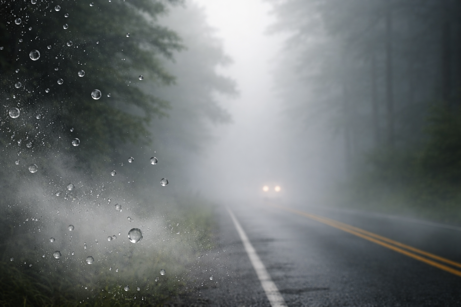 霧は「空気が飽和して水滴が浮く」ときに発生し、視界は光の散乱で急に奪われます