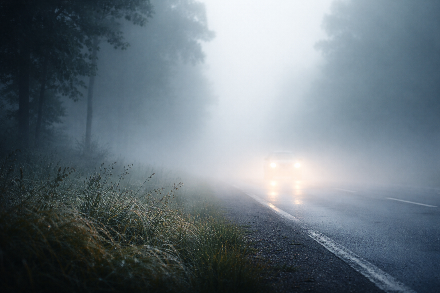 突然見えなくなるのは、霧粒が光を散乱してコントラストを奪うためです