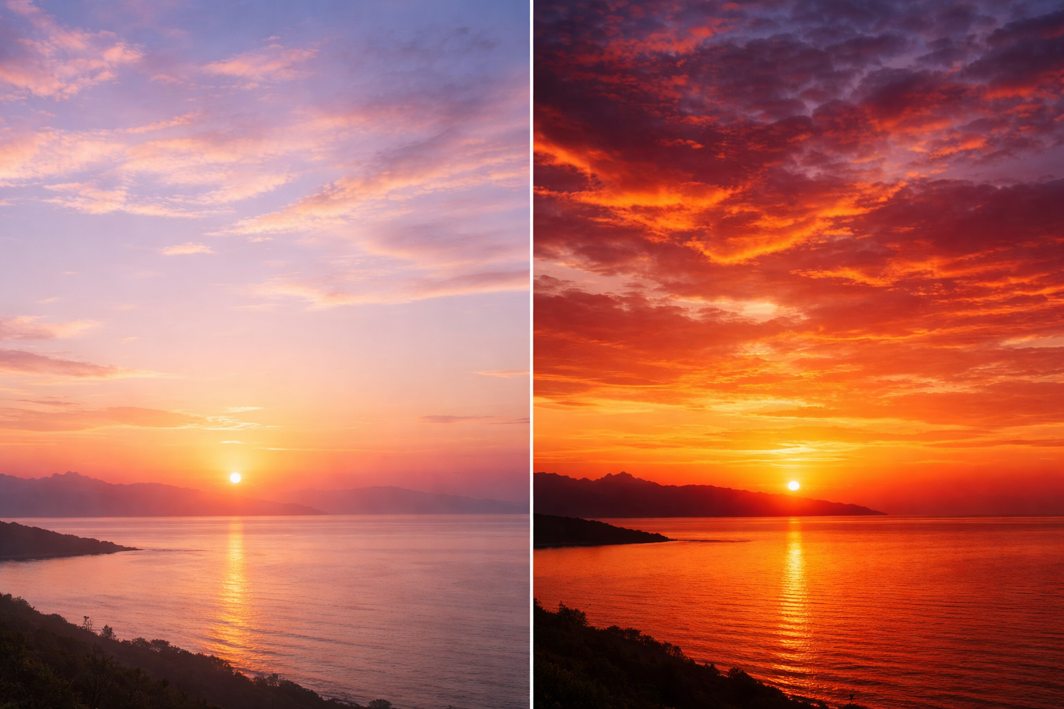 朝焼けが淡く、夕焼けが濃く見えやすい背景