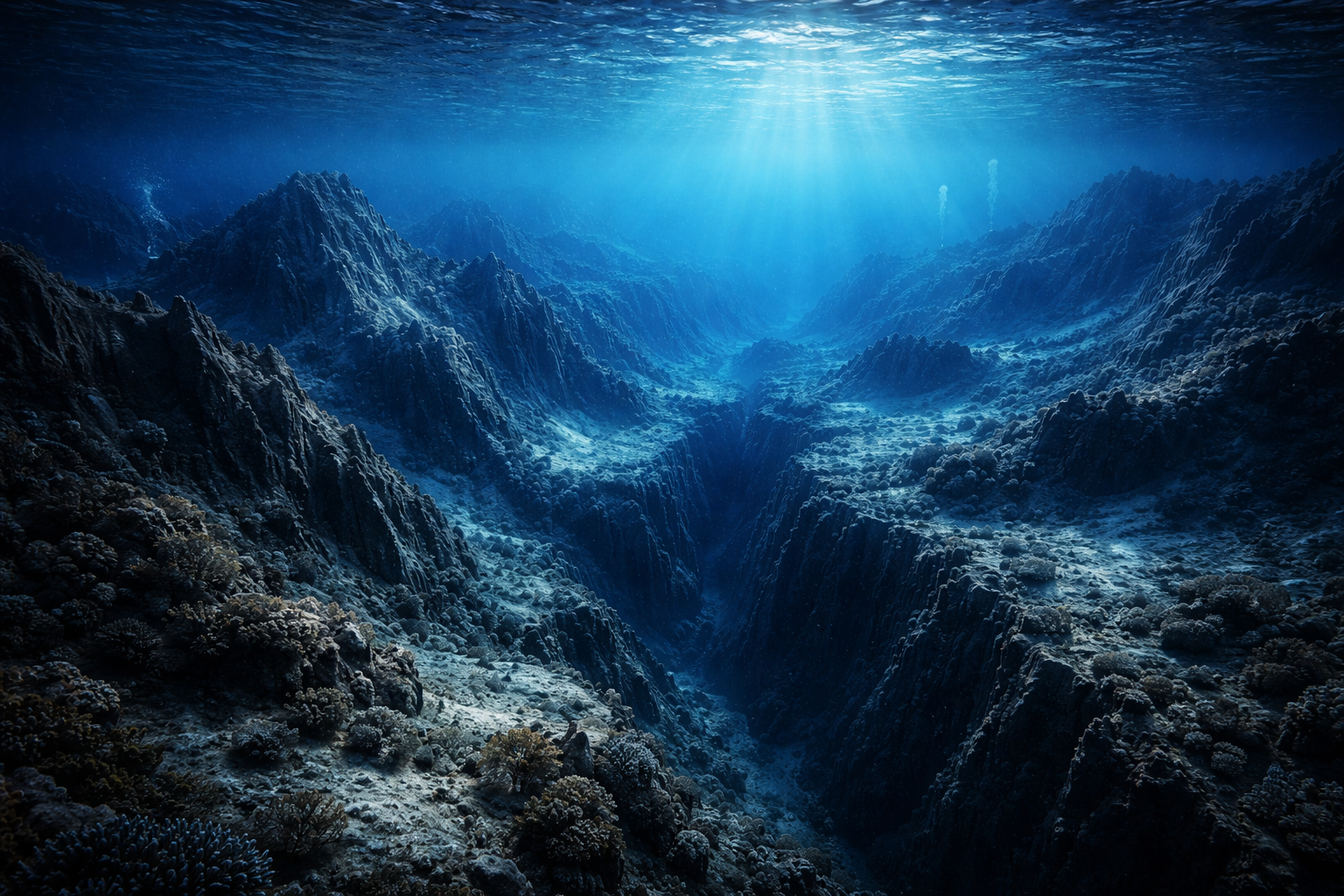 海底は「平原」だけではなく、山脈・谷・海溝が連なる立体地形です