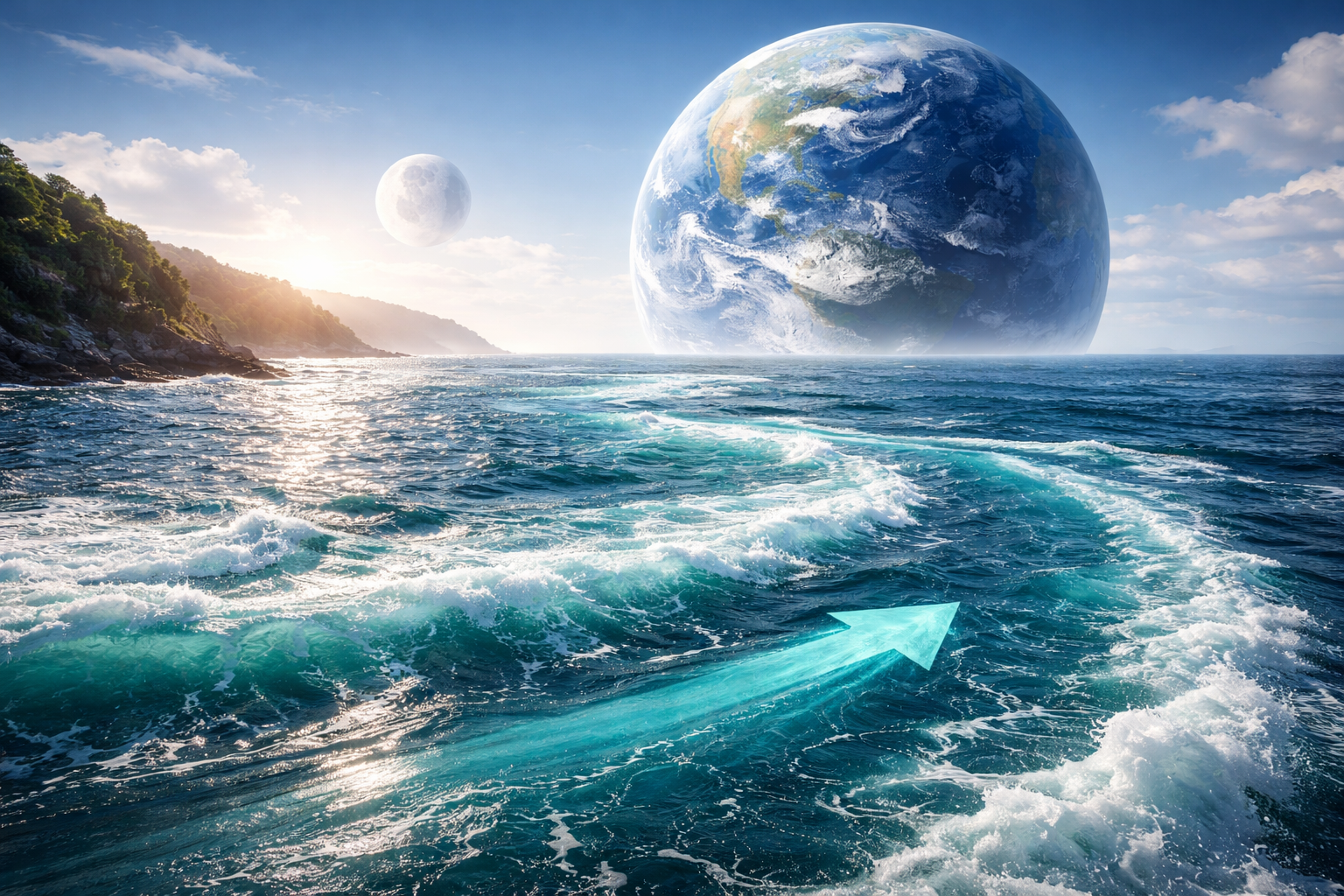 潮の流れは「起潮力」と地球の自転で起こります