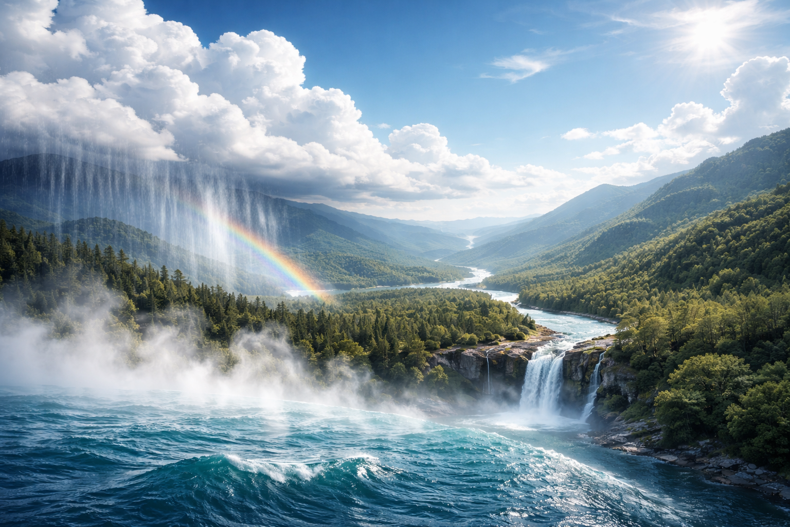 水循環は、海の蒸発から雲・雨・川・地下水へとつながります
